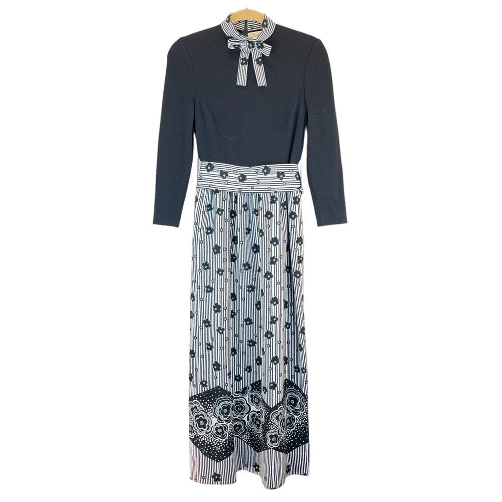 VTG Francesca for Damon Black Cream Floral Wool Blend Maxi Dress XXS